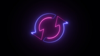 Abstract glowing blue and purple neon recycling circle background. Arrows show recycling or environmental protection