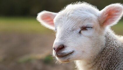 Naklejka premium Close-up portrait of a fluffy white lamb with one eye closed.