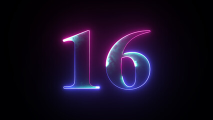 Abstract glowing neon number 16. Blue and purple neon futuristic effect. Trendy glow lighting