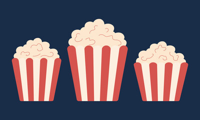 Flat popcorn box. Popcorn set is a basic snack for watching a movie. Isolated on a yellow background. Vector image
