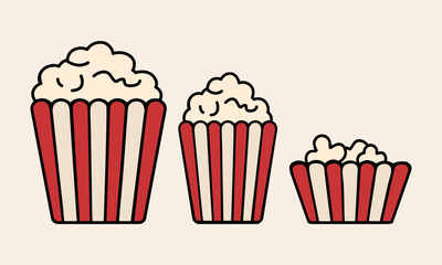 Flat popcorn box. Large, medium and small serving of Popcorn. A basic snack for watching a movie. Isolated on a white background. Vector image	