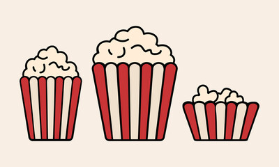 Flat popcorn box. Large, medium and small serving of Popcorn. A basic snack for watching a movie. Isolated on a white background. Vector image	