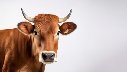 A brown cow with horns stares directly at the camera.
