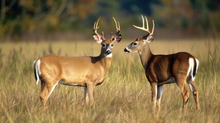 Naklejka premium Buck And Doe in Open Field - Majestic White-Tailed Deer Mammals with Antlers Approaching in Natural Habitat