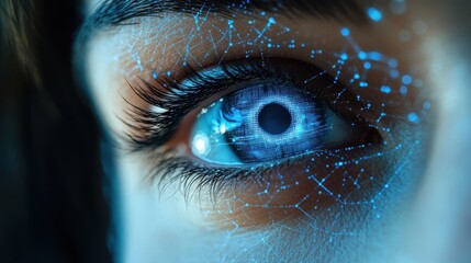 Close-up of a high-tech eye with glowing digital elements and blue light, representing futuristic AI technology, biometrics, and innovation in cybersecurity and human-machine interfaces.