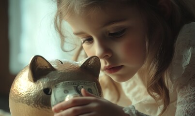 Girl puts money in piggy bank.