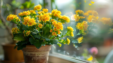 Fototapeta premium Vibrant Yellow Flowers in a Pot by a Window