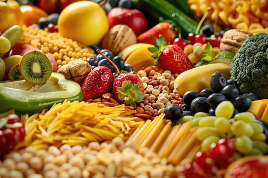 Carbohydrate Healthy Eating. High Fiber Diet with Fruits, Vegetables, Whole Wheat Foods, Legumes, and Nuts