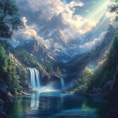 Fototapeta premium Majestic Mountain Range with a Cascading Waterfall and a Tranquil Lake