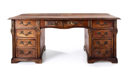 old antique wooden writing desk white background