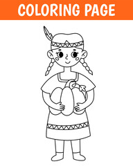 Thanksgiving coloring page, cute print with line indian. Printable worksheet with solution for school and preschool. Vector cartoon illustration.