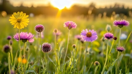 Fototapeta premium Sunset Wildflower Meadow with Yellow and Purple Blooms