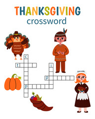 Thanksgiving crossword puzzle game with turkey, pilgrim, indian, pumpkin and cornucopia. Printable worksheet with solution for school and preschool. Vector cartoon Illustration for children.