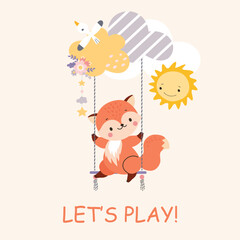 Cute fox on swing. Cartoon wild fox and sun characters in clouds. Childish print design for covers or clothes. Funny lets play poster nowaday vector scene