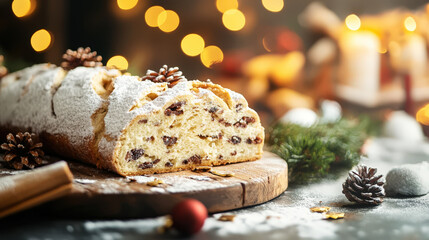 Delicious christmas stollen, creative mess on a table. Christmas festive food. Generative AI