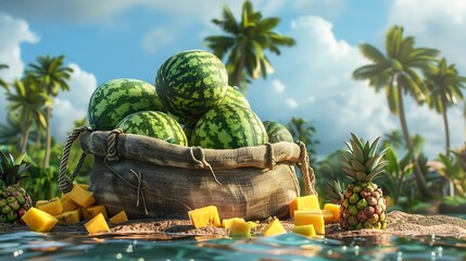 A bag full of melons sits on an island near pieces of pineapple