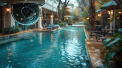 A serene poolside view featuring a security camera overlooking tranquil waters on a rainy afternoon. Generative AI
