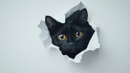 A curious black cat peeking through a torn wall in a modern setting, showcasing playful exploration and intrigue
