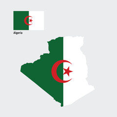 An illustration of the Algeria flag with the map features the green and white flag with the red crescent and star overlaying or positioned alongside the country’s map.