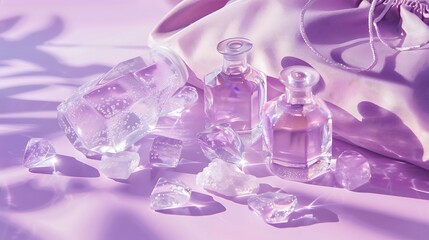 A bag with crystal bottles of water lay on a purple hardwood desktop