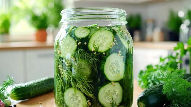 Freshly prepared vegetable pickles in a jar with cucumbers, garlic, and herbs on a kitchen countertop surrounded by fresh ingredients
