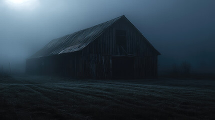 A large, old barn with a dark, stormy sky in the background