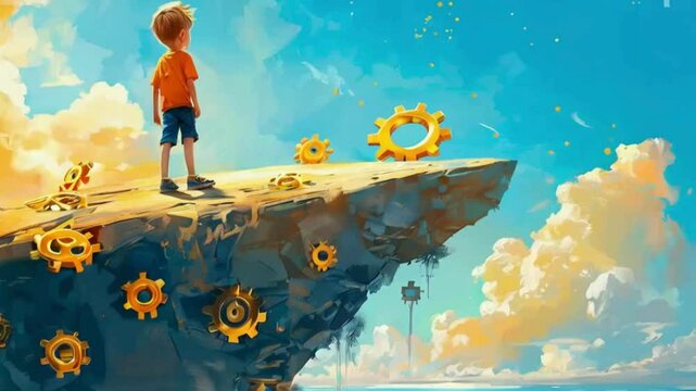 Children stand corner of mountain  animated 