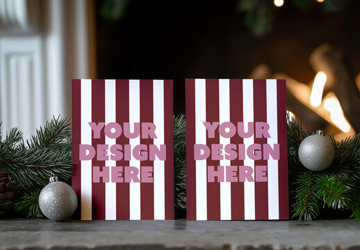 Mockup Christmas Cards Living Room Tree. Generative AI