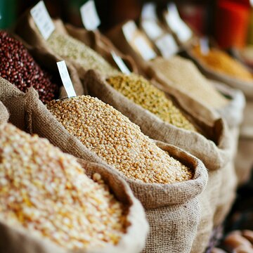 Sacos de granos y legumbres en un mercado local, mostrando productos naturales y a granel