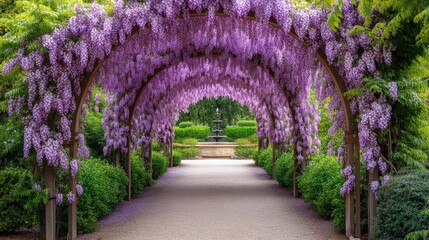 Obraz premium A romantic garden pathway framed by arched trellises covered in blooming wisteria, leading toward a hidden fountain at the end of the way