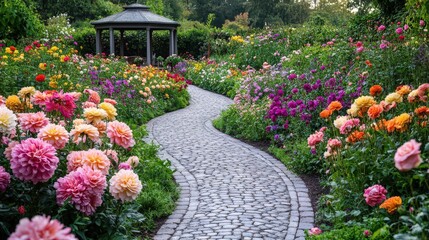 Obraz premium A vibrant floral garden with a winding cobblestone path, surrounded by blooming roses, dahlias, and peonies, leading to a hidden gazebo