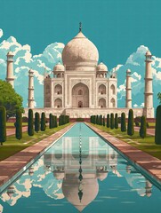 Illustration of Taj Mahal from Agra, India Travel Poster in Colorful Flat Digital Art Style