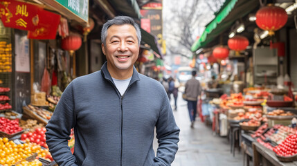 Smiling man standing in a vibrant outdoor market with red lanterns