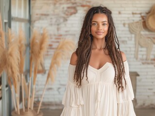 Obraz premium Elegant woman with long dreadlocks in a white dress posing in a rustic boho setting