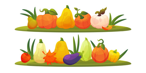 Icon pumpkin cartoon 3d. Halloween vegetable composition, autumn garden. Squash, gourd harvest, fall food. Thanksgiving cute graphic. Element game nutrition. Vector cartoon flat isolated illustration