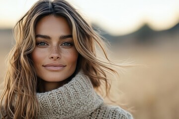 Fototapeta premium A serene portrait of a woman with beautiful hair, wearing a cozy sweater, captured in soft natural light in a golden field.