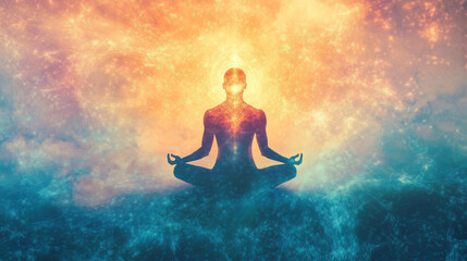Osoba siedząca w spokojnej pozie, otoczona świetlistymi energiami, symbolizującymi otwieranie się na wyższe stany świadomości. 