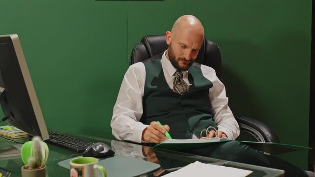 A manager sits behinds his desk in an office and is marking a file
