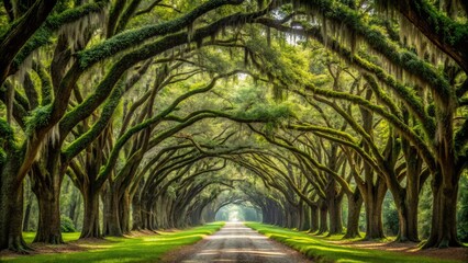 A canopy of lush trees forms a majestic tunnel, its leaves rustling softly in the warm breeze of a bygone era's Southern charm.