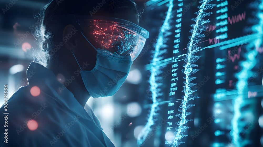 Poster a scientist wearing a mask and goggles looking at data on a computer screen