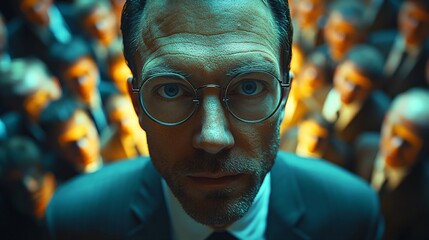 A distorted fish-eye perspective shows a businessman in the center of a busy boardroom