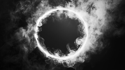 Obraz premium Białe, wirujące chmury dymu tworzą tajemniczą ramkę na czarnym tle. 