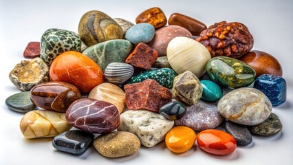 A collection of rocks in diverse shapes, sizes, and hues sits majestically against a neutral backdrop, inviting observation and contemplation of nature's craftsmanship.