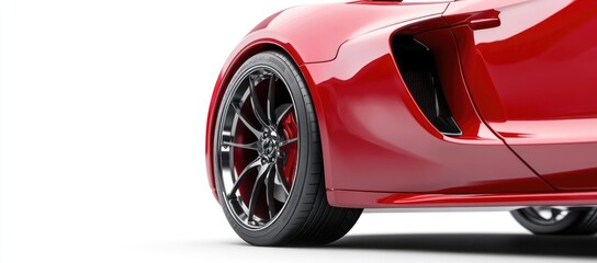 Close-up of a red sports car with a sporty wheel on a white background.