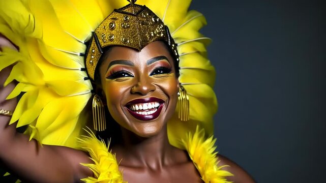 Joyful African woman in vibrant yellow feather headdress, carnival costume. Closeup of smiling black female dancer with glittery makeup, Samba or Mardi Gras celebration. 