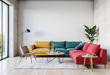 Minimalist interior design of modern living room with colorful multicolored sofa against concrete wall.