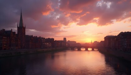 A panoramic cityscape view at sunset, showcasing skyscrapers silhouetted against a vibrant sky filled with hues of orange, pink, and purple, reflecting off glass buildings