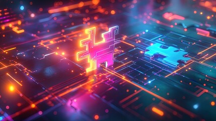 Obraz premium Integrating Technology and Gaming: A Vibrant Neon Puzzle Piece in a Cybernetic Network - Ideal Poster for Sports Interiors and Gaming Zones
