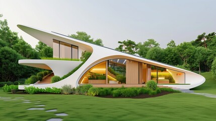 Fototapeta premium Modern Eco-Friendly House with Curved Architecture in Lush Green Landscape.