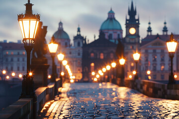 Fototapeta premium Historic Cityscape with Cobblestone Streets and Classic Architecture Bathed in Soft Evening Light – Blurred Street Lamps Create a Nostalgic Atmosphere Perfect for Travel and History Enthusiasts